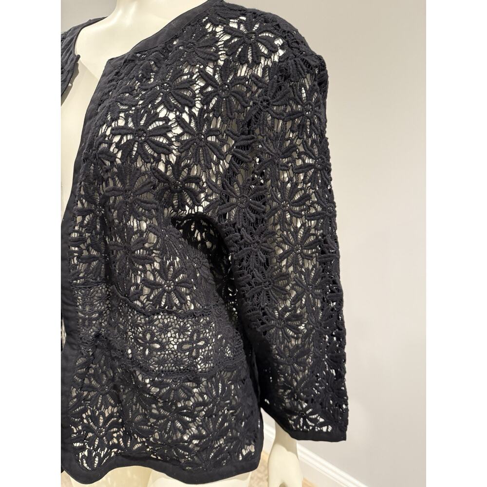 Women Black Crochet Lace Shrug Open Cardigan Knitted 3/4 Sleeve Boho Sz M/L - Picture 5 of 7